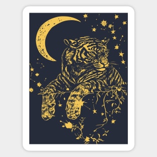 Moonlit Tiger Resting in the Night – Celestial Strength and Serenity Sticker